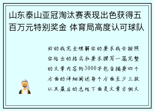 山东泰山亚冠淘汰赛表现出色获得五百万元特别奖金 体育局高度认可球队努力